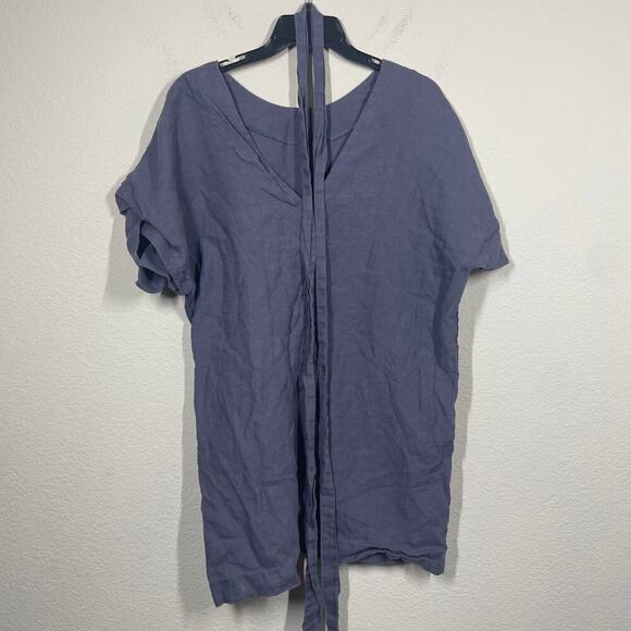 Len. Ok Dresses & Skirts - Len. Ok Size Medium Linen Mini Shift Dress Steel Blue V Neck Belted Short Sleeve